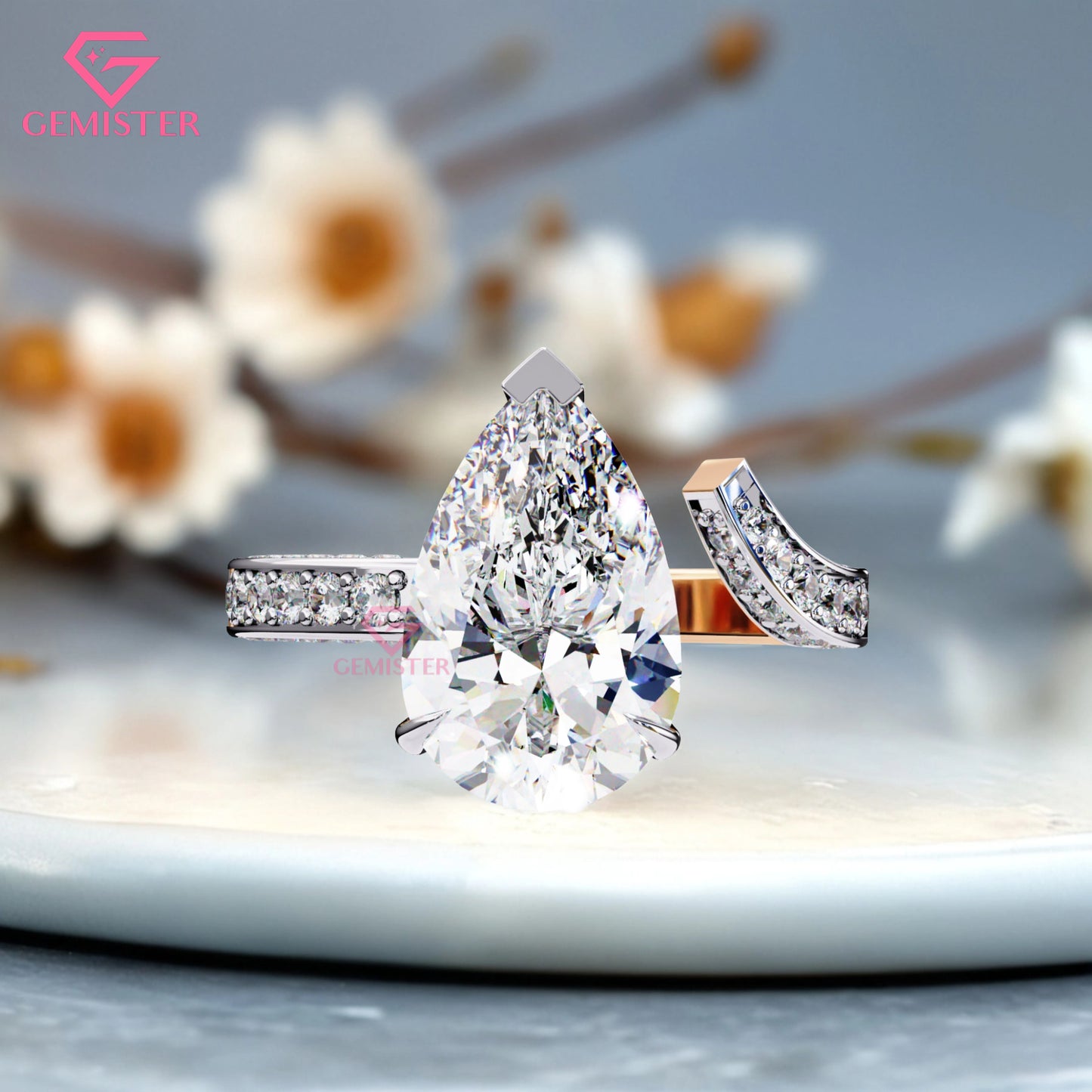 3.49 CT Pear Cut Moissanite Engagement Ring –  Two-Tone Gold Split Shank Design