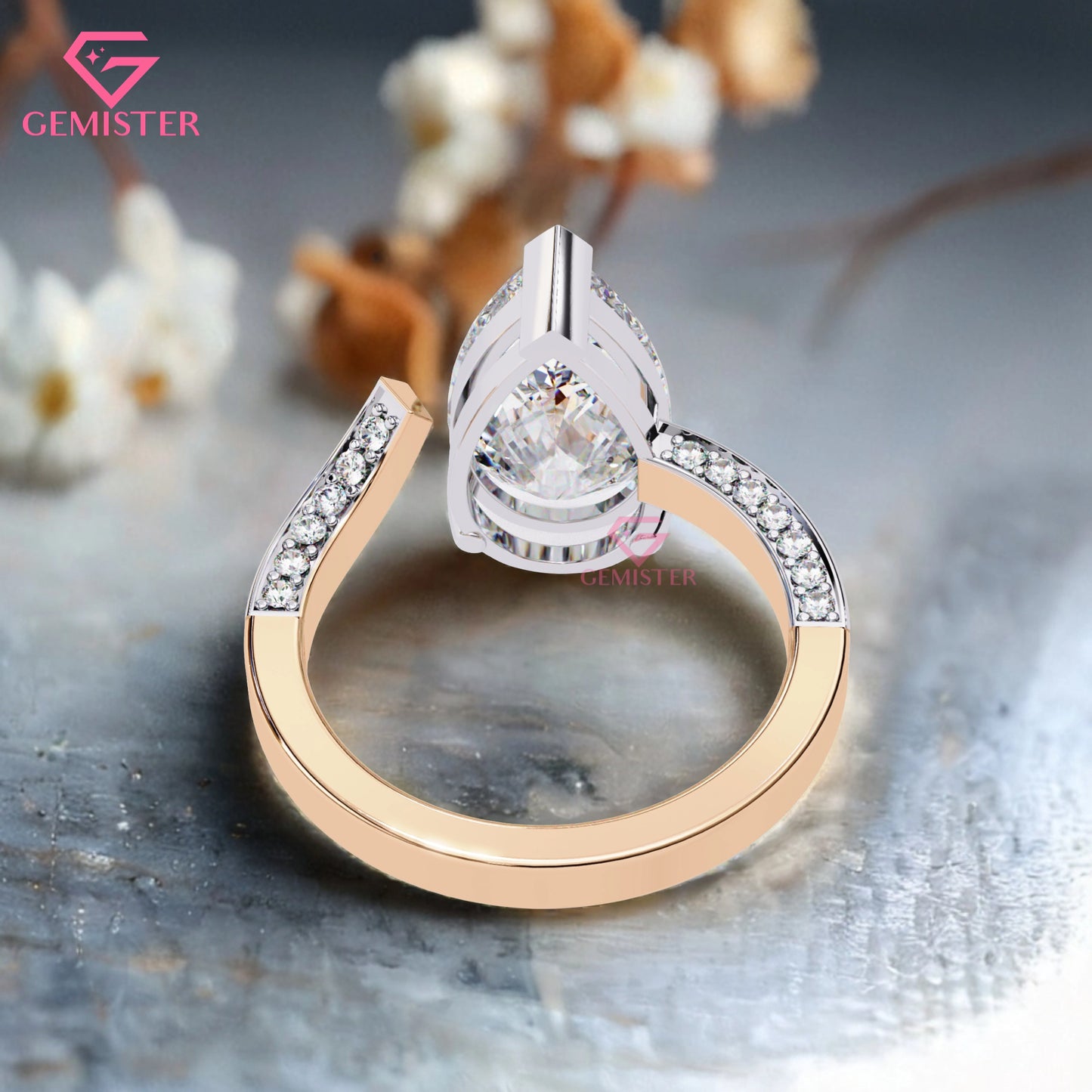 3.49 CT Pear Cut Moissanite Engagement Ring –  Two-Tone Gold Split Shank Design