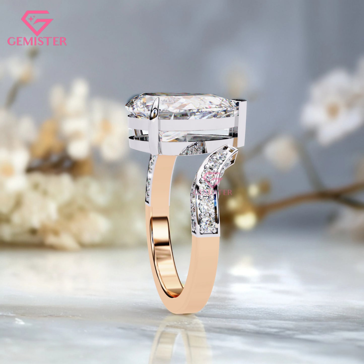 3.49 CT Pear Cut Moissanite Engagement Ring –  Two-Tone Gold Split Shank Design