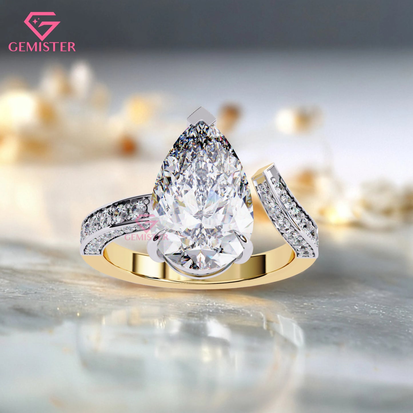 3.49 CT Pear Cut Moissanite Engagement Ring –  Two-Tone Gold Split Shank Design