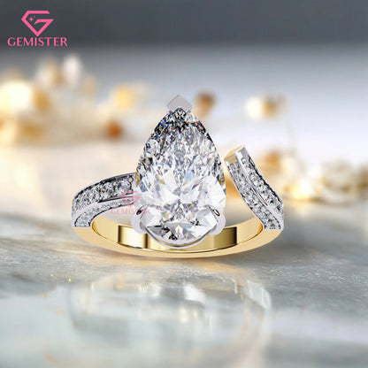 3.49 CT Pear Cut Moissanite Engagement Ring –  Two-Tone Gold Split Shank Design