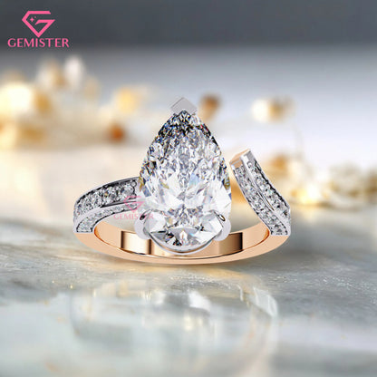 3.49 CT Pear Cut Moissanite Engagement Ring –  Two-Tone Gold Split Shank Design