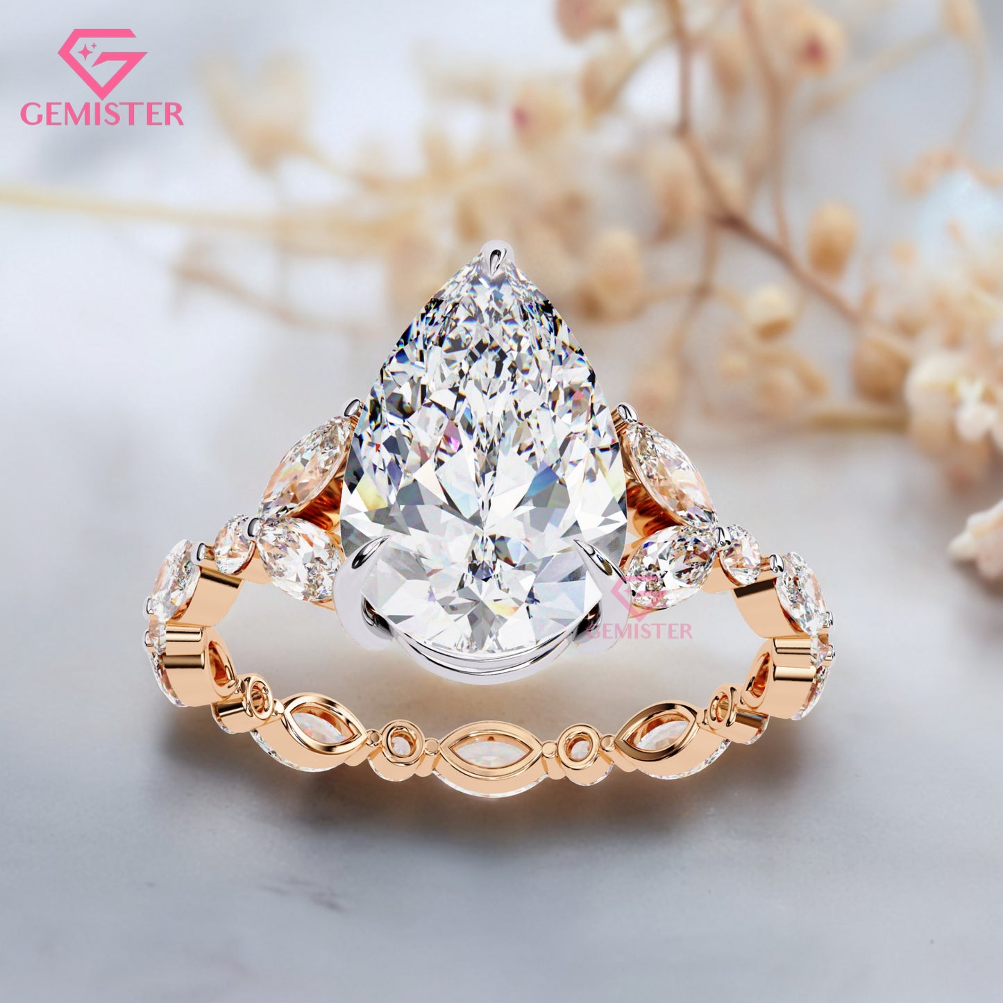 3.91 Ct Pear Cut Lab Grown Diamond Engagement Ring – Marquise & Round Accent  Ring Vintage Bridal Jewelry