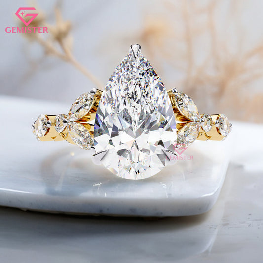 3.91 Ct Pear Cut Diamond Engagement Ring – Marquise & Round Accent Moissanite Ring in Yellow Gold, Vintage Inspired Bridal Jewelry
