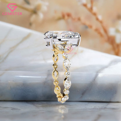 3.91 Ct Pear Cut Lab Grown Diamond Engagement Ring – Marquise & Round Accent  Ring Vintage Bridal Jewelry
