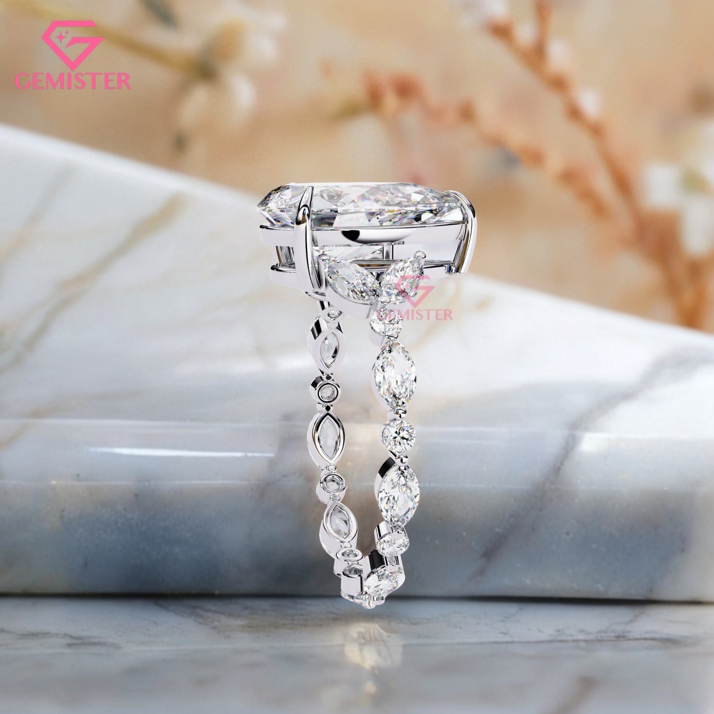 3.91 Ct Pear Cut Lab Grown Diamond Engagement Ring – Marquise & Round Accent  Ring Vintage Bridal Jewelry