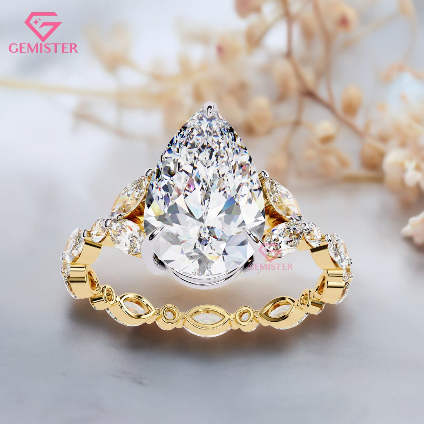 3.91 Ct Pear Cut Lab Grown Diamond Engagement Ring – Marquise & Round Accent  Ring Vintage Bridal Jewelry
