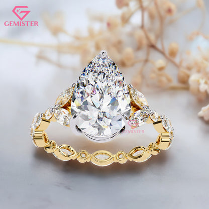 3.91 Ct Pear Cut Lab Grown Diamond Engagement Ring – Marquise & Round Accent  Ring Vintage Bridal Jewelry