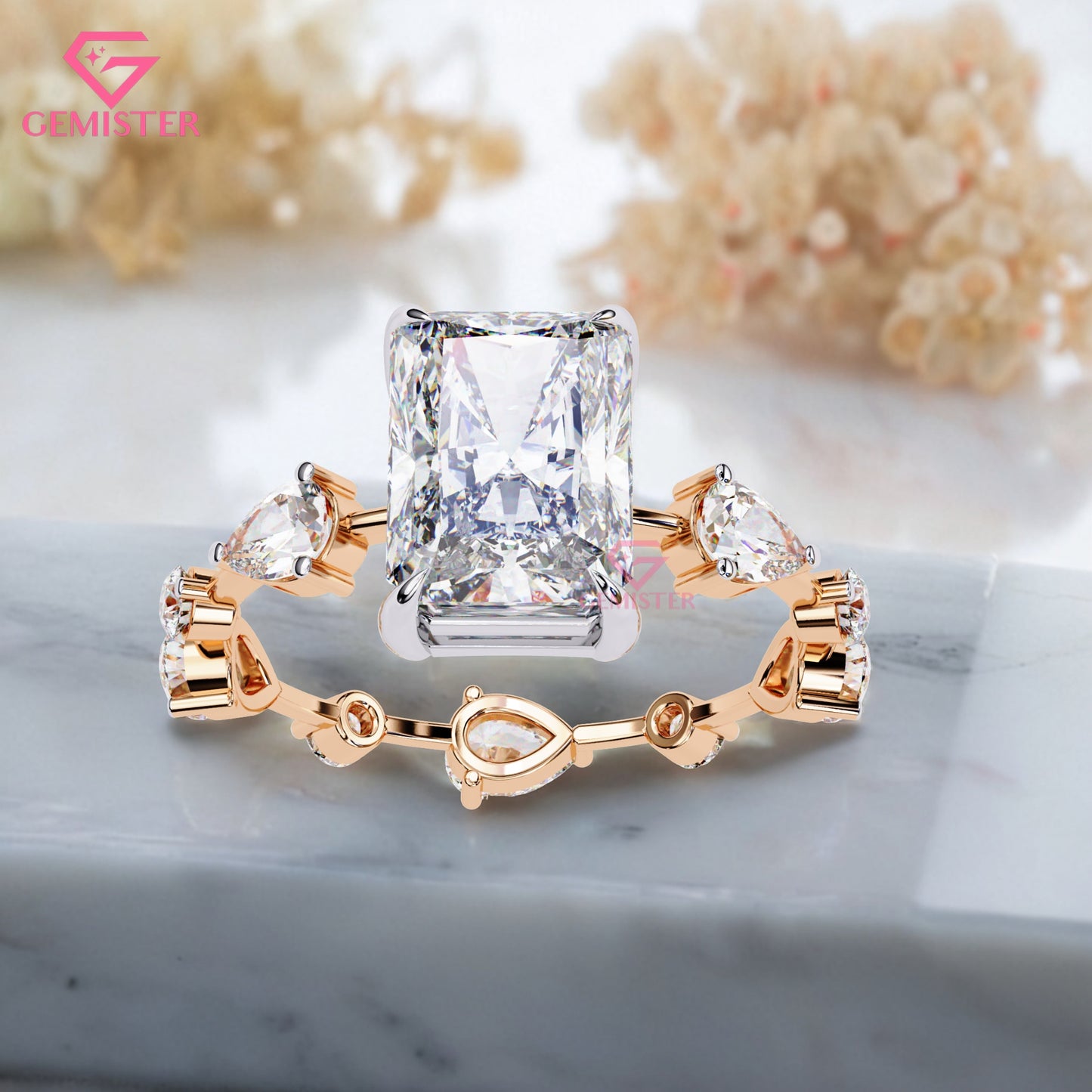 3.72 CT Radiant Cut Moissanite Engagement Ring – 3 Stone Gold Ring with Trillion Side Stones, Solitaire Statement Bridal Ring