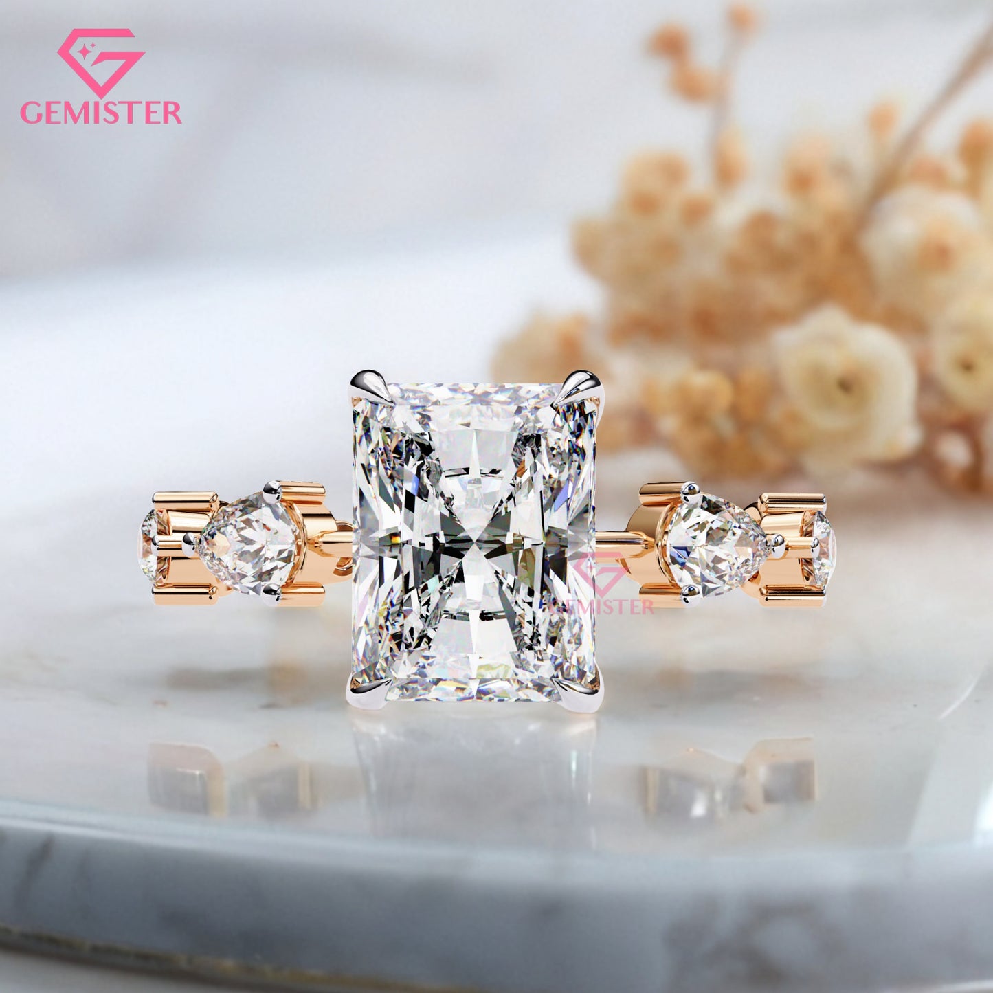 3.72 CT Radiant Cut Moissanite Engagement Ring – 3 Stone Gold Ring with Trillion Side Stones, Solitaire Statement Bridal Ring