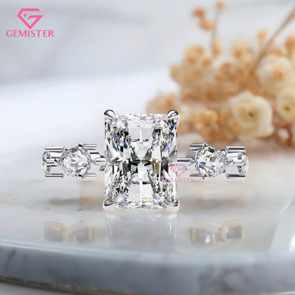 3.72 CT Radiant Cut Moissanite Engagement Ring – 3 Stone Gold Ring with Trillion Side Stones, Solitaire Statement Bridal Ring