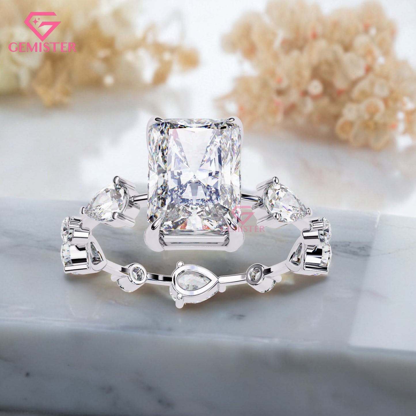 3.72 CT Radiant Cut Moissanite Engagement Ring – 3 Stone Gold Ring with Trillion Side Stones, Solitaire Statement Bridal Ring