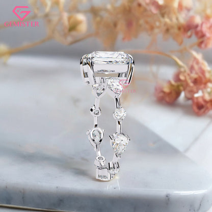 3.72 CT Radiant Cut Moissanite Engagement Ring – 3 Stone Gold Ring with Trillion Side Stones, Solitaire Statement Bridal Ring