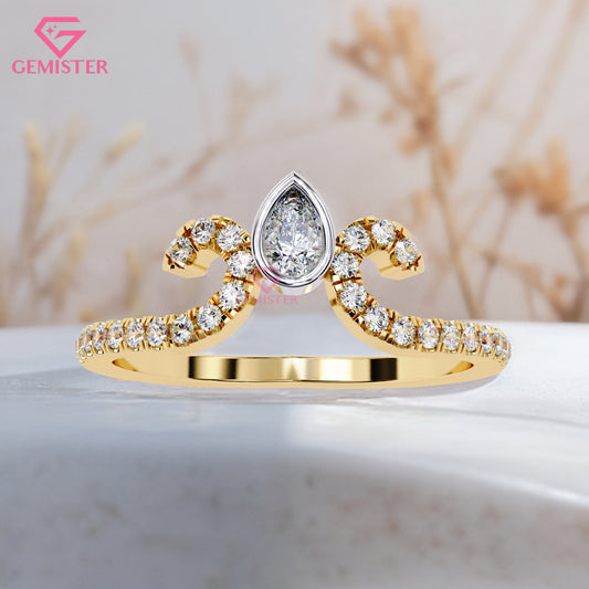 0.30 Ct Pear Cut Moissanite Tiara Ring – Gold Crown Style Engagement Ring, Unique Anniversary or Wedding Band for Women