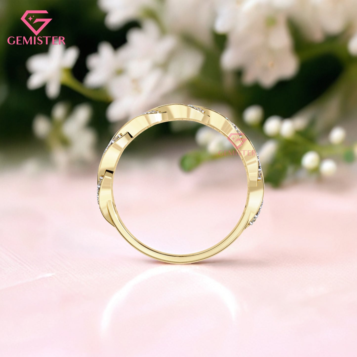 0.33 Ct Moissanite Twist Band Ring – Gold Infinity Style Ring with Round Cut Stones, Elegant Anniversary or Wedding Band for Women