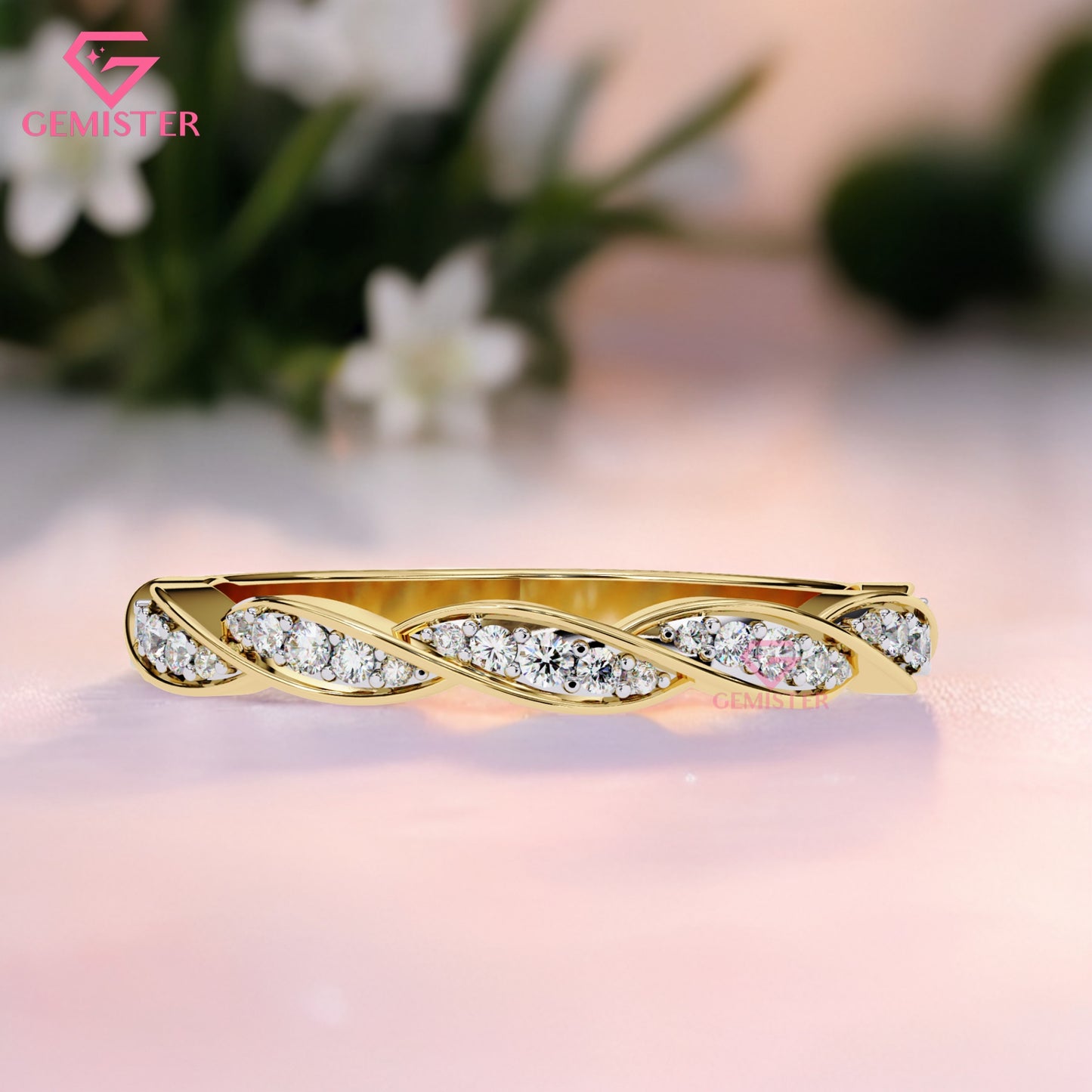 0.33 Ct Moissanite Twist Band Ring – Gold Infinity Style Ring with Round Cut Stones, Elegant Anniversary or Wedding Band for Women