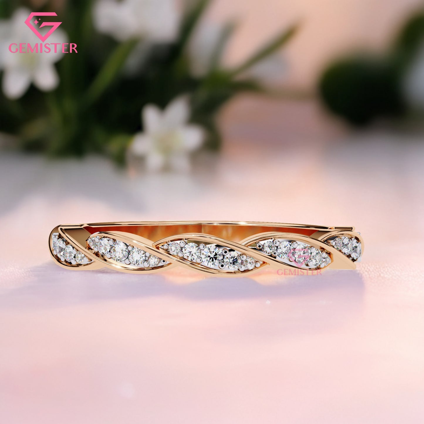 0.33 Ct Moissanite Twist Band Ring – Gold Infinity Style Ring with Round Cut Stones, Elegant Anniversary or Wedding Band for Women