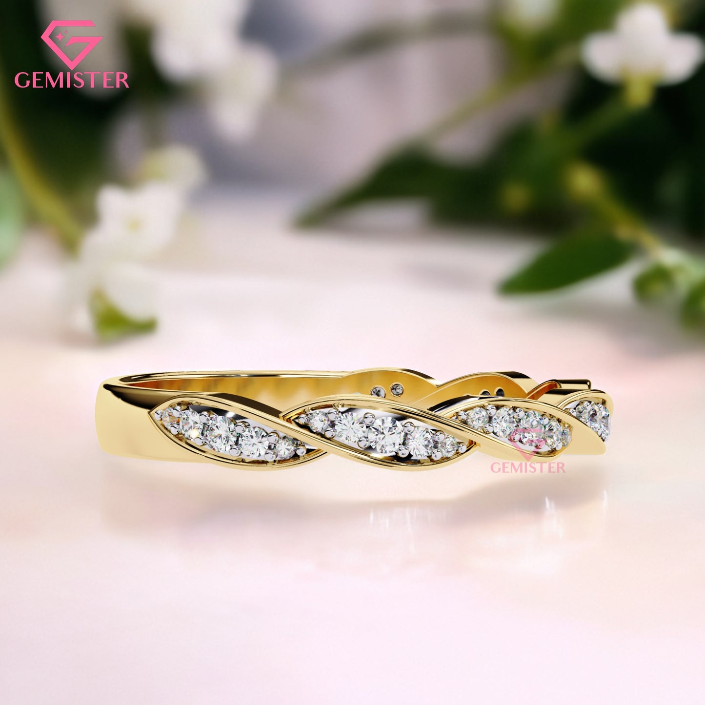 0.33 Ct Moissanite Twist Band Ring – Gold Infinity Style Ring with Round Cut Stones, Elegant Anniversary or Wedding Band for Women