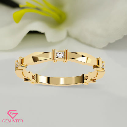 Geometric Lab Grown Diamond Band Ring – Unique Gold Ring with Modern Design, Minimalist Wedding Band