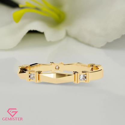 Geometric Lab Grown Diamond Band Ring – Unique Gold Ring with Modern Design, Minimalist Wedding Band