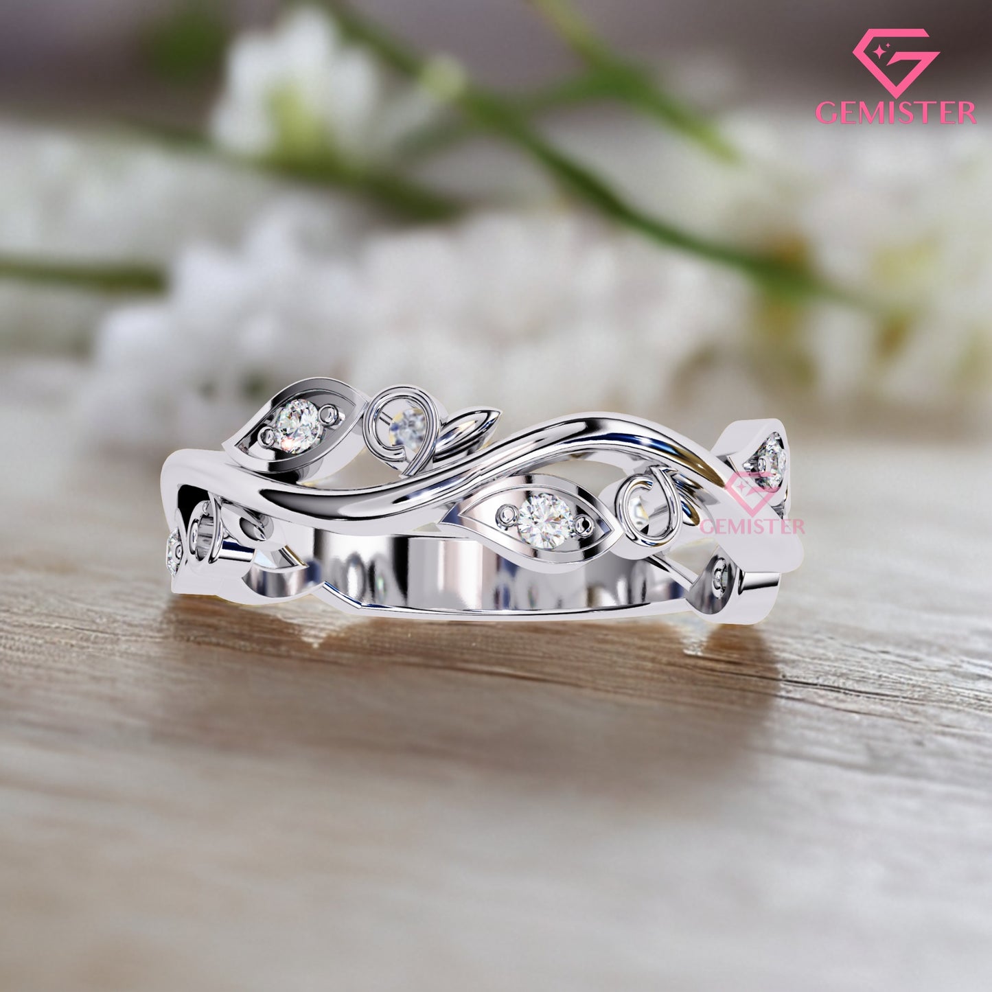 Floral Vine Moissanite Band Ring 0.09 CT – 14K Gold Leaf Design Diamond Ring, Nature Inspired Wedding Band, Unique Anniversary Ring for Women