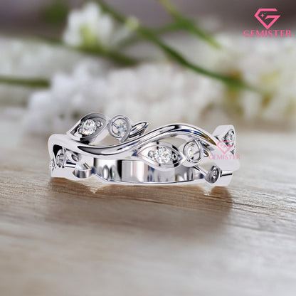 Floral Vine Moissanite Band Ring 0.09 CT – 14K Gold Leaf Design Diamond Ring, Nature Inspired Wedding Band, Unique Anniversary Ring for Women