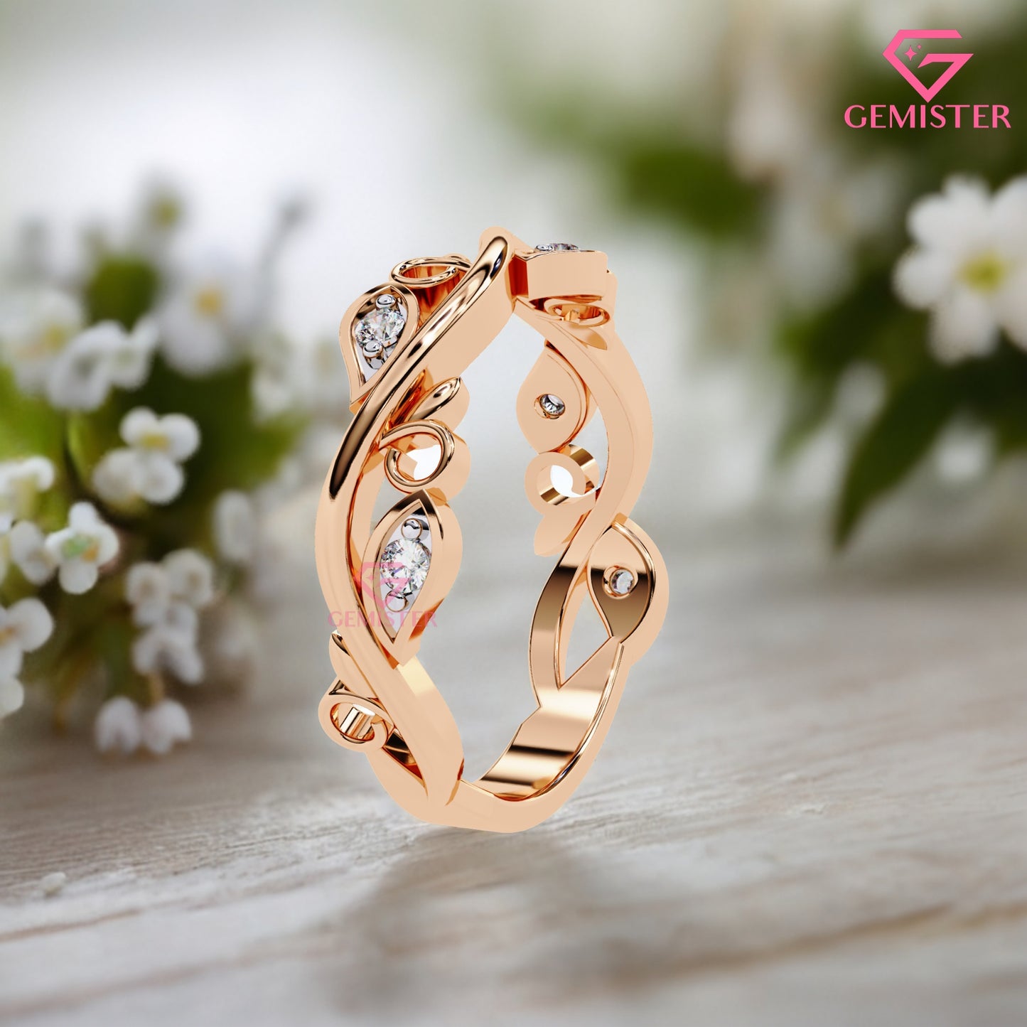 Floral Vine Moissanite Band Ring 0.09 CT – 14K Gold Leaf Design Diamond Ring, Nature Inspired Wedding Band, Unique Anniversary Ring for Women