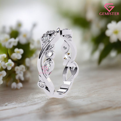 Floral Vine Moissanite Band Ring 0.09 CT – 14K Gold Leaf Design Diamond Ring, Nature Inspired Wedding Band, Unique Anniversary Ring for Women