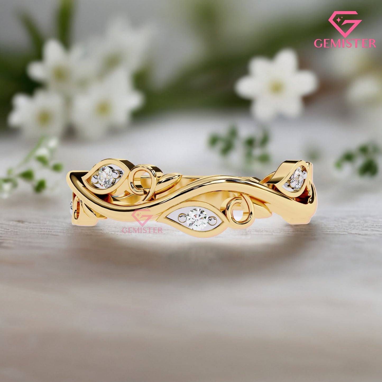 Floral Vine Moissanite Band Ring 0.09 CT – 14K Gold Leaf Design Diamond Ring, Nature Inspired Wedding Band, Unique Anniversary Ring for Women