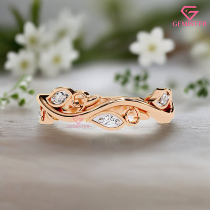 Floral Vine Moissanite Band Ring 0.09 CT – 14K Gold Leaf Design Diamond Ring, Nature Inspired Wedding Band, Unique Anniversary Ring for Women