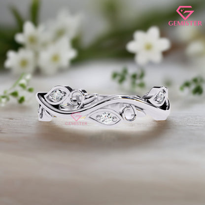 Floral Vine Moissanite Band Ring 0.09 CT – 14K Gold Leaf Design Diamond Ring, Nature Inspired Wedding Band, Unique Anniversary Ring for Women