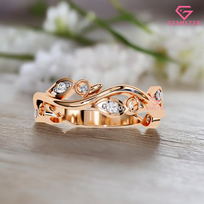 Floral Vine Moissanite Band Ring 0.09 CT – 14K Gold Leaf Design Diamond Ring, Nature Inspired Wedding Band, Unique Anniversary Ring for Women