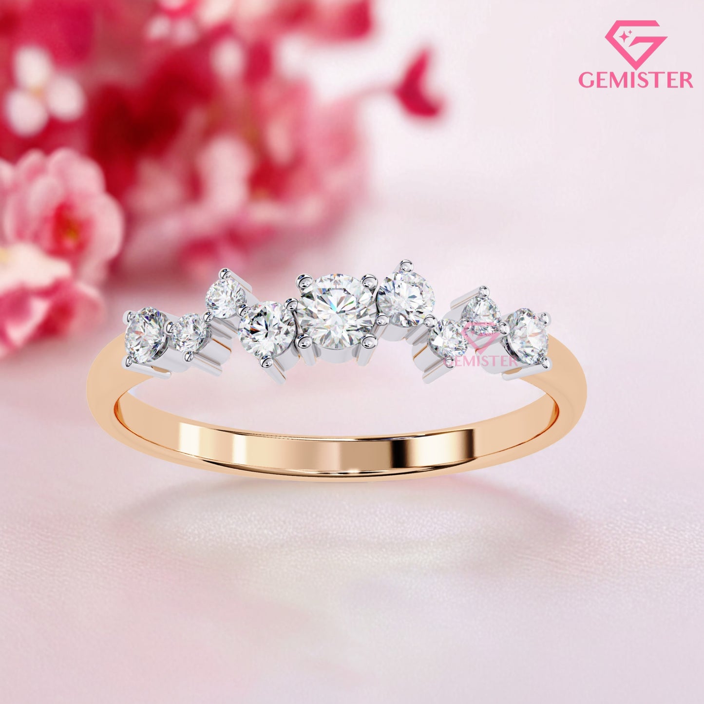 0.28 Ct Lab Grown Diamond Cluster Band Ring – 7 Stone Round Cut Ring, Dainty Wedding Band