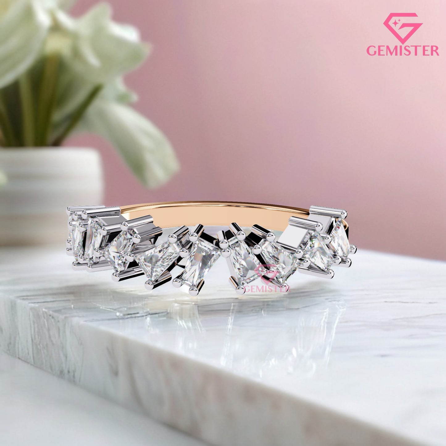 0.56 Ct Lab Grown Diamond Geometric Band – Princess & Baguette Cut Wedding Band,