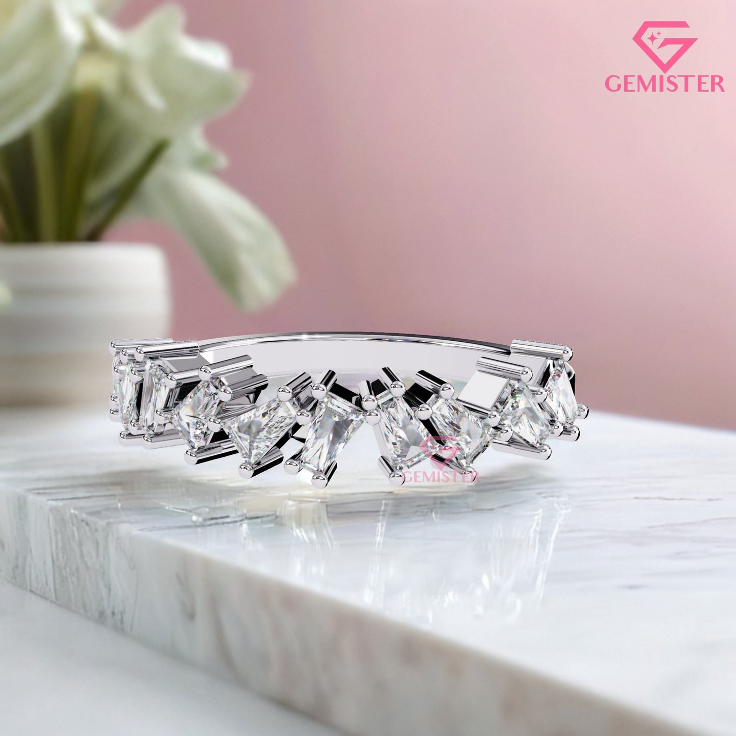 0.56 Ct Lab Grown Diamond Geometric Band – Princess & Baguette Cut Wedding Band,