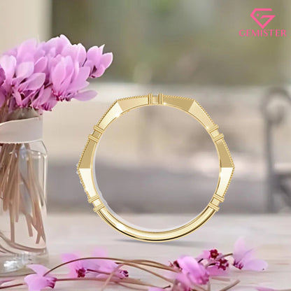 0.16 Ct Moissanite Geometric Band Ring – Milgrain Design with Round Cut Stones, Elegant Wedding Band