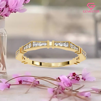 0.16 Ct Moissanite Geometric Band Ring – Milgrain Design with Round Cut Stones, Elegant Wedding Band