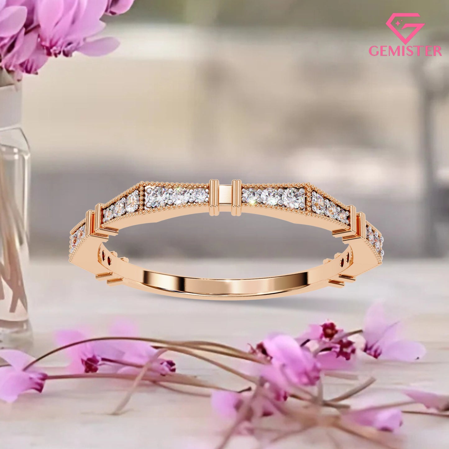 0.16 Ct Moissanite Geometric Band Ring – Milgrain Design with Round Cut Stones, Elegant Wedding Band