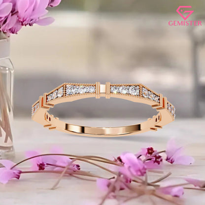 0.16 Ct Moissanite Geometric Band Ring – Milgrain Design with Round Cut Stones, Elegant Wedding Band