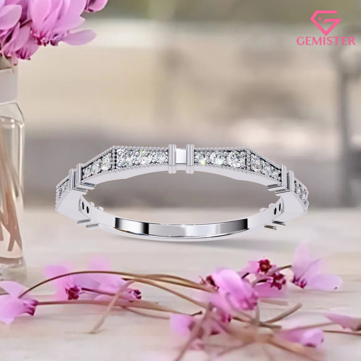 0.16 Ct Moissanite Geometric Band Ring – Milgrain Design with Round Cut Stones, Elegant Wedding Band