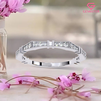 0.16 Ct Moissanite Geometric Band Ring – Milgrain Design with Round Cut Stones, Elegant Wedding Band