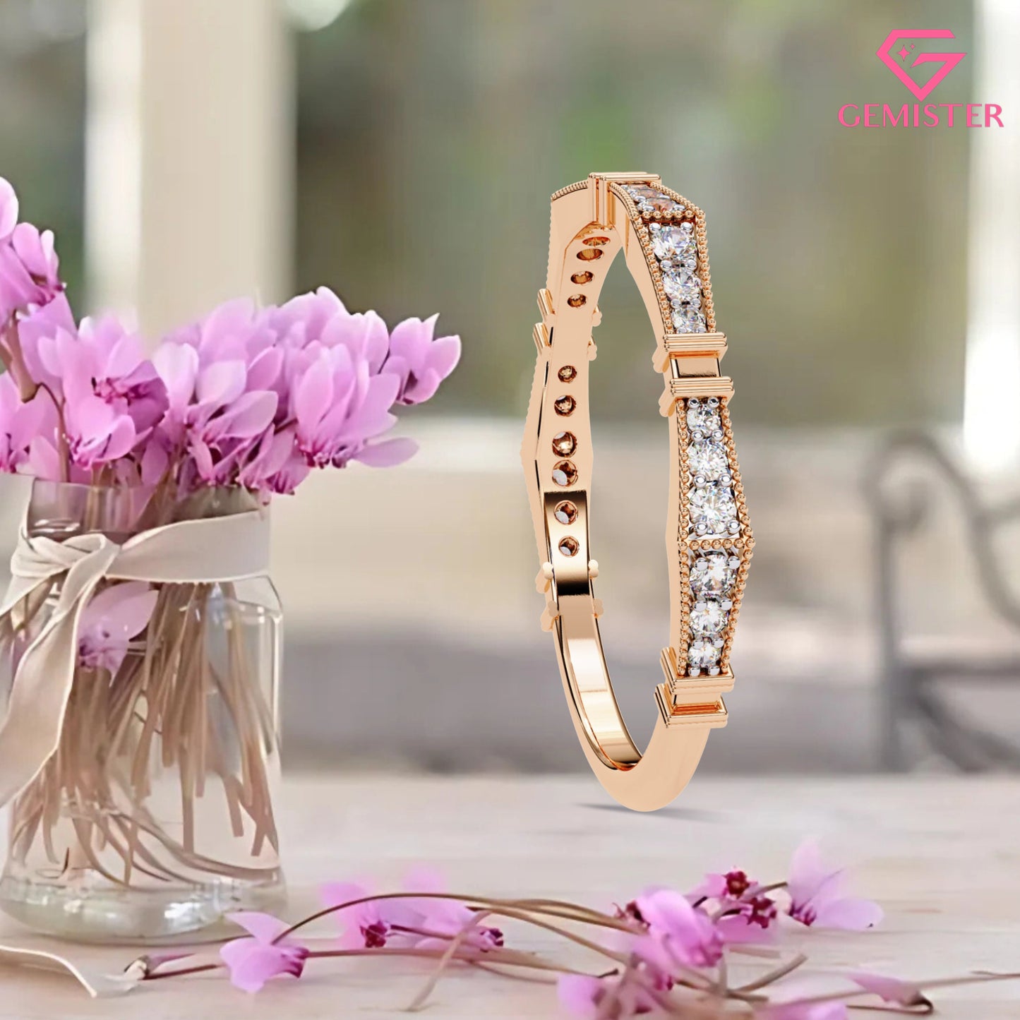 0.16 Ct Moissanite Geometric Band Ring – Milgrain Design with Round Cut Stones, Elegant Wedding Band