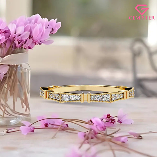 0.16 Ct Moissanite Geometric Band Ring – Milgrain Design with Round Cut Stones, Elegant Wedding Band