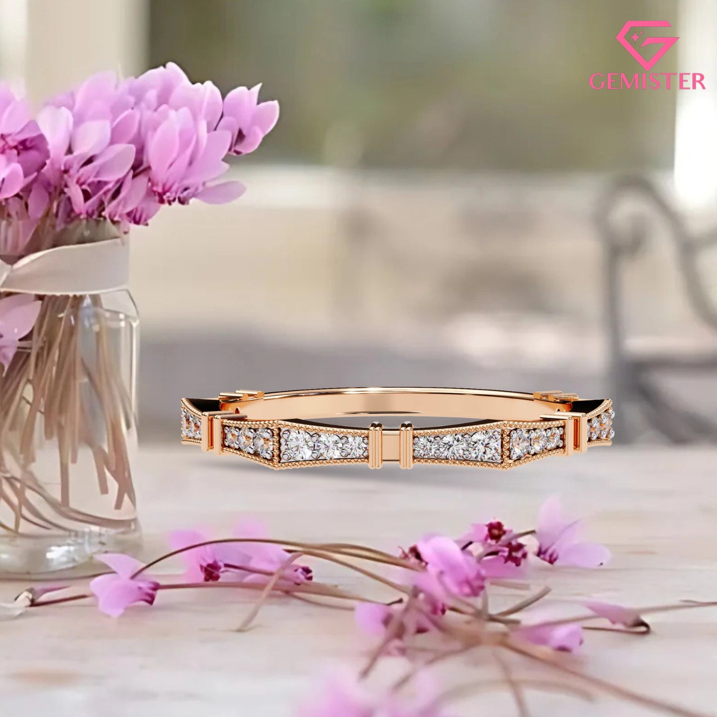 0.16 Ct Moissanite Geometric Band Ring – Milgrain Design with Round Cut Stones, Elegant Wedding Band