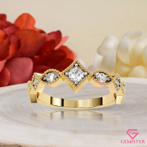 0.33 Ct Vintage Inspired Moissanite Band – Milgrain Ring with Round Cut Stones, Elegant Wedding Band