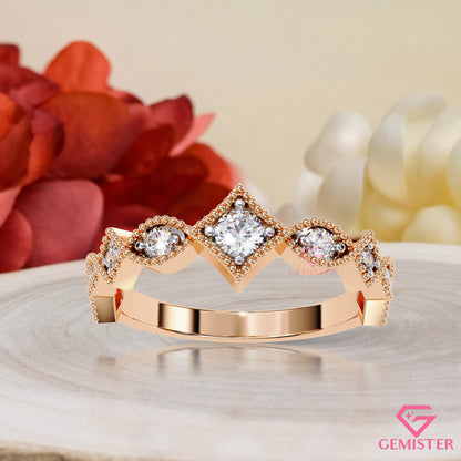 0.33 Ct Lab Grown Diamond Vintage Inspired Band – Milgrain Ring with Round Cut Stones, Elegant Wedding Band