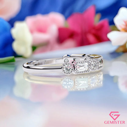 0.34 Ct Lab Grown Diamond Milgrain Band Ring – Round & Baguette Cut Stones, Vintage Inspired Wedding Band