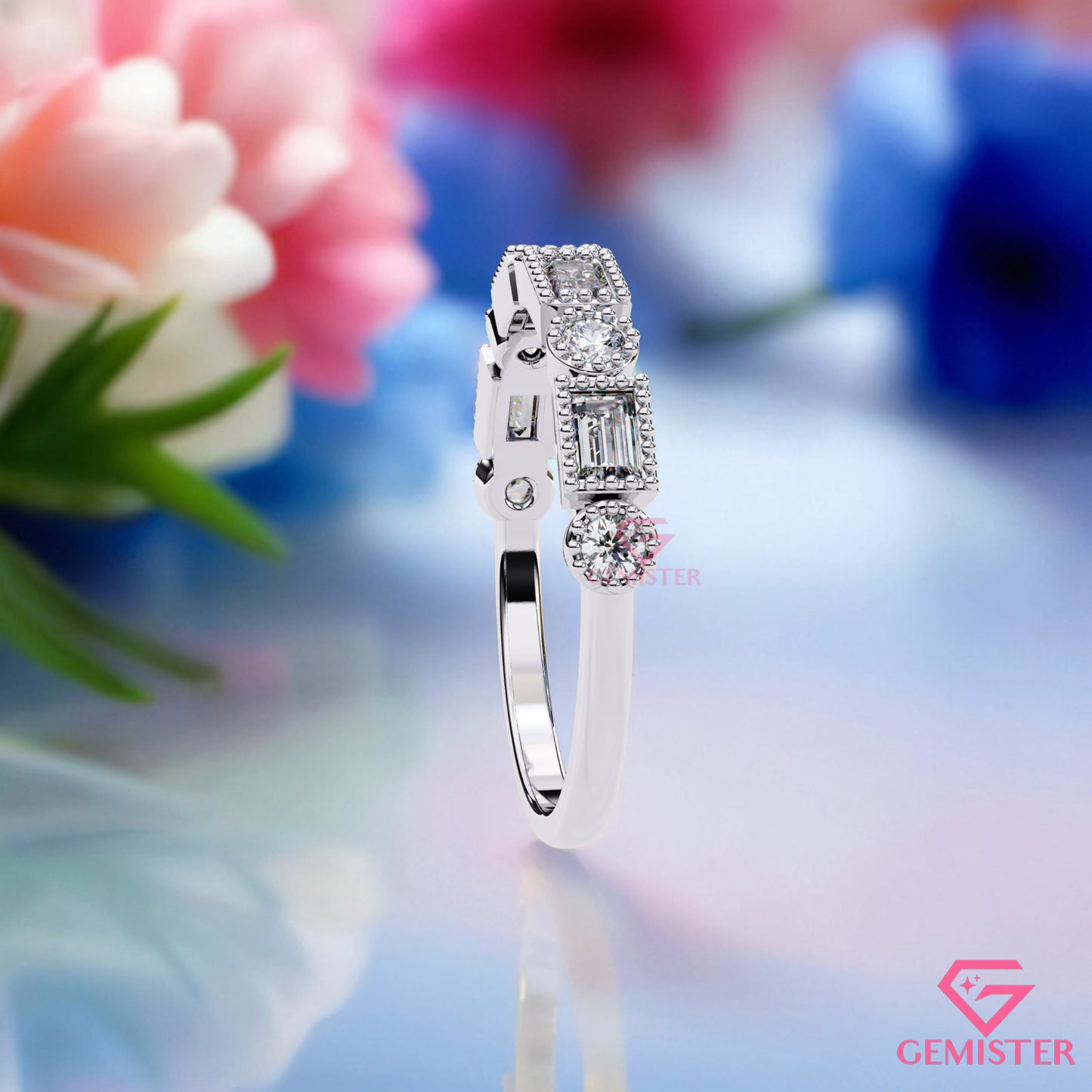 0.34 Ct Lab Grown Diamond Milgrain Band Ring – Round & Baguette Cut Stones, Vintage Inspired Wedding Band