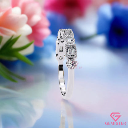 0.34 Ct Lab Grown Diamond Milgrain Band Ring – Round & Baguette Cut Stones, Vintage Inspired Wedding Band