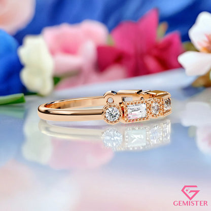 0.34 Ct Lab Grown Diamond Milgrain Band Ring – Round & Baguette Cut Stones, Vintage Inspired Wedding Band